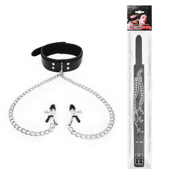 Черный ошейник с зажимами на соски на цепочке Черный ошейник с зажимами на соски на цепочке