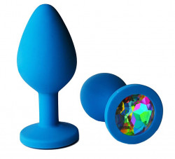 Голубая анальная пробка с радужным кристаллом - 8 см.