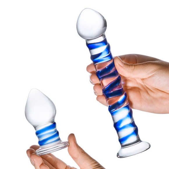 Набор из 2 стеклянных игрушек с синей спиралью Swirly Dildo & Buttplug Set