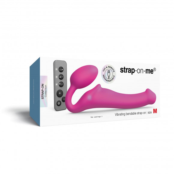 Ярко-розовый безремневой страпон Strap-on-me Vibrating Bendable Strap-On size M