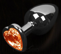 Серая анальная пробка с оранжевым кристаллом в виде сердечка - 8,5 см.