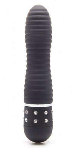 Чёрный мини-вибратор с рёбрышками и стразами Diamond Ribbing Vibe - 11,5 см.