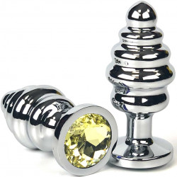 Серебристая ребристая анальная пробка с желтым кристаллом - 6 см.