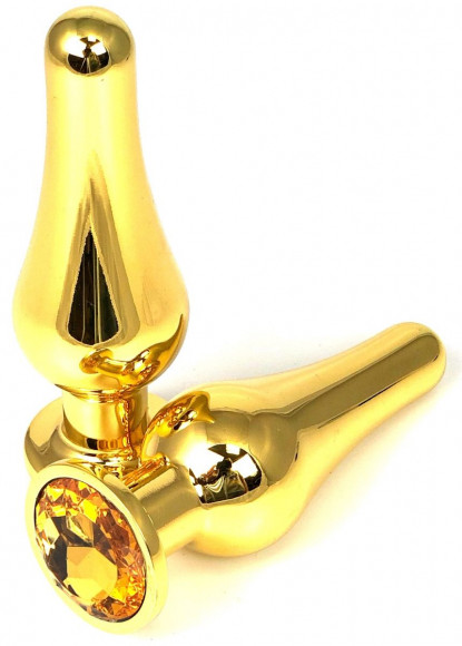 Золотистая удлиненная анальная пробка с оранжевым кристаллом - 8 см.