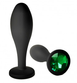 Черная анальная пробка с зеленым кристаллом - 11 см.