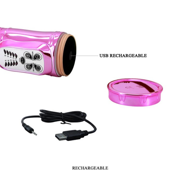 Розовый перезаряжаемый вибромассажер с ротацией, поступательными движениями и стимуляцией клитора - 29,5 см.