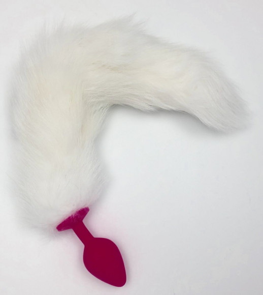 Красная силиконовая анальная пробка с белым хвостиком - размер M