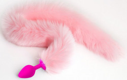 Розовая силиконовая анальная пробка с розовым хвостиком - размер L