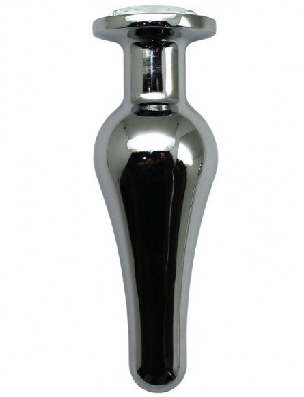 Серебристая анальная пробка с прозрачным кристаллом - 13 см.