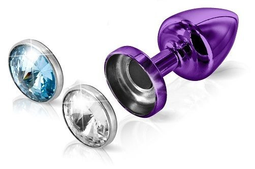 Фиолетовый анальный плаг Anni Magnet T1 Purple Cristal/blue с 2 заменяемыми кристаллами - 6 см.