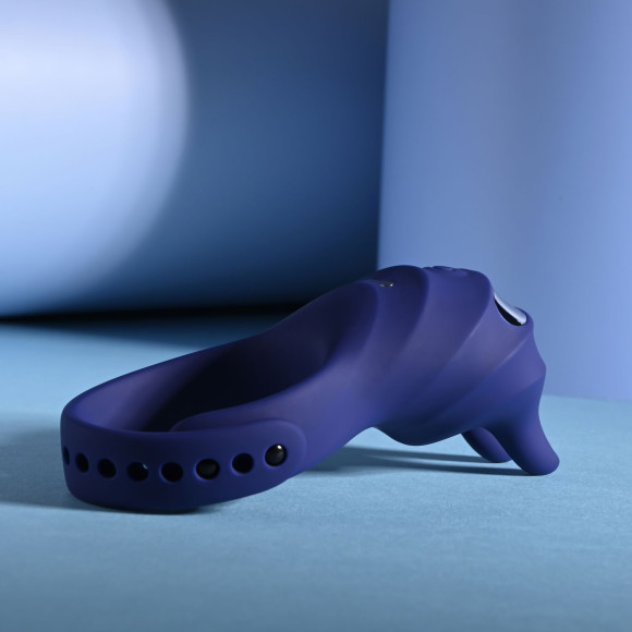 Синее эрекционное виброкольцо с клиторальной подушечкой и пультом ДУ Adjustable Fun Ring