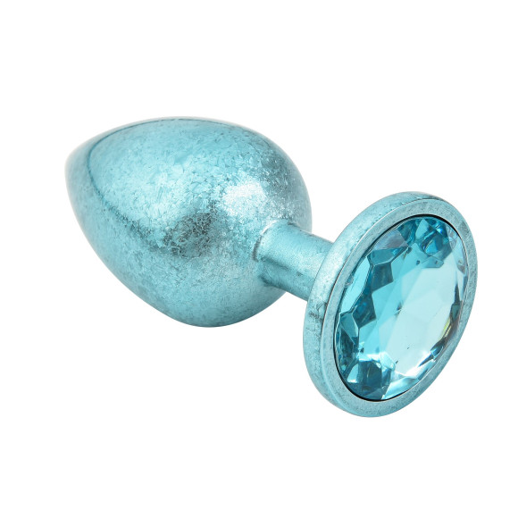 Голубая алюминиевая анальная пробка с кристаллом - 6 см.
