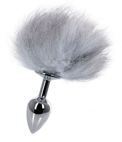 Серебристая анальная втулка с серым заячьим хвостом