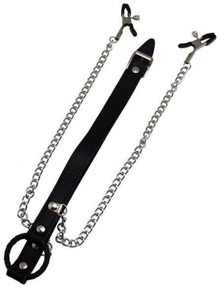 Черный кляп-кольцо с серебристым зажимами для сосков