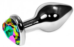 Серебристая анальная пробка с разноцветным кристаллом-сердечком - 6,8 см.