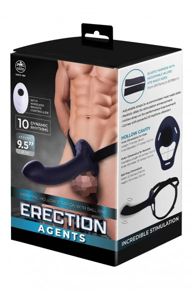 Черный полый страпон с вибрацией Erection Agents - 24,1 см.