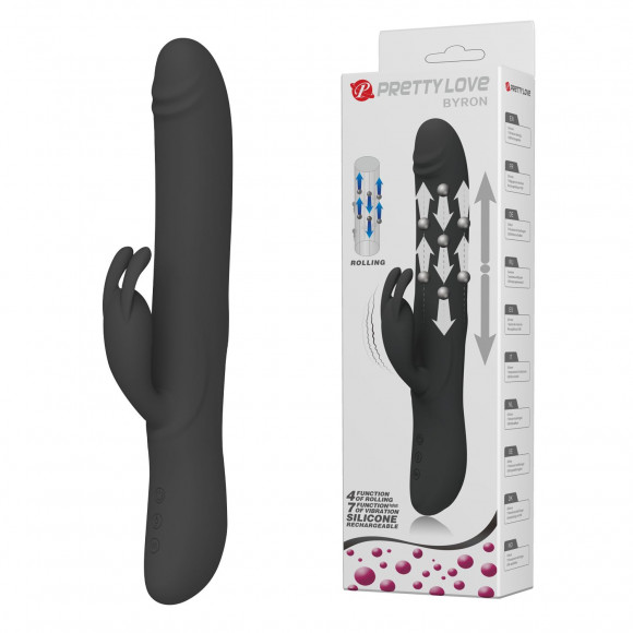 Черный вибратор-кролик Byron с движущимися шариками - 25 см.