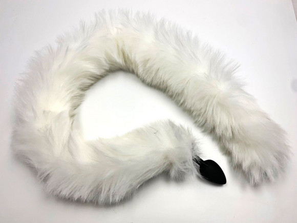 Черная анальная пробка с белым длинным хвостом