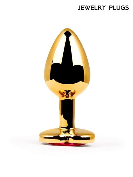 Золотистая анальная пробка с красным кристаллом - 9 см.