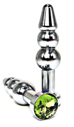 Серебристая коническая анальная пробка-ёлочка с лаймовым кристаллом - 11 см.