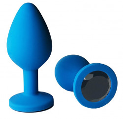 Голубая анальная пробка с черным кристаллом - 9,5 см.