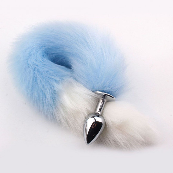 Серебристая анальная пробка с бело-голубым хвостом