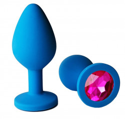 Голубая анальная пробка с розовым кристаллом - 7 см.