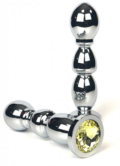 Серебристая анальная пробка-ёлочка с желтым кристаллом - 12,5 см.