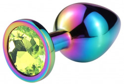 Разноцветная гладкая анальная пробка с салатовым кристаллом - 6,8 см. 