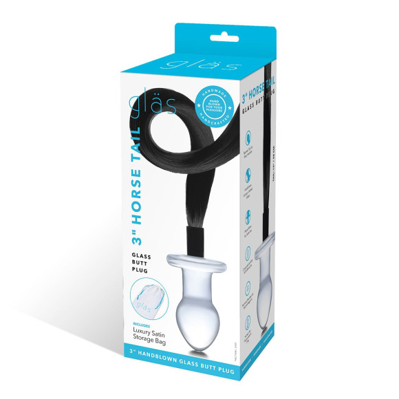 Стеклянная анальная пробка с черным конским хвостом