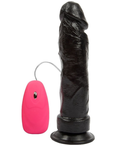 Черный вибромассажер на присоске с проводным пультом - 20,5 см. Черный вибромассажер на присоске с проводным пультом - 20,5 см.