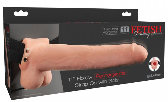 Телесный перезаряжаемый вибрострапон 11  Hollow Rechargeable Strap-on with Balls - 30 см.