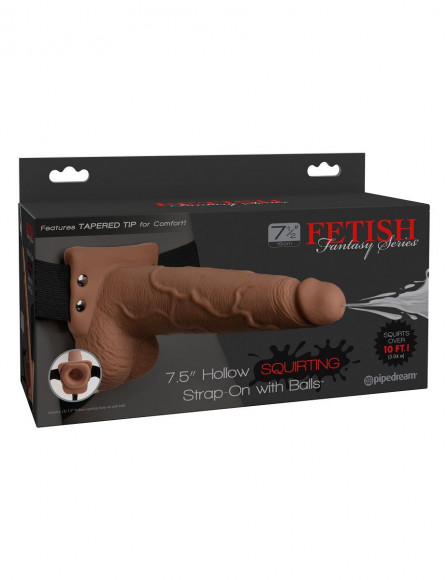Кофейный полый страпон с имитацией эякуляции 7.5  Hollow Squirting Strap-On with Balls - 21,6 см.