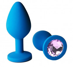Голубая анальная пробка с сиреневым кристаллом - 8 см.